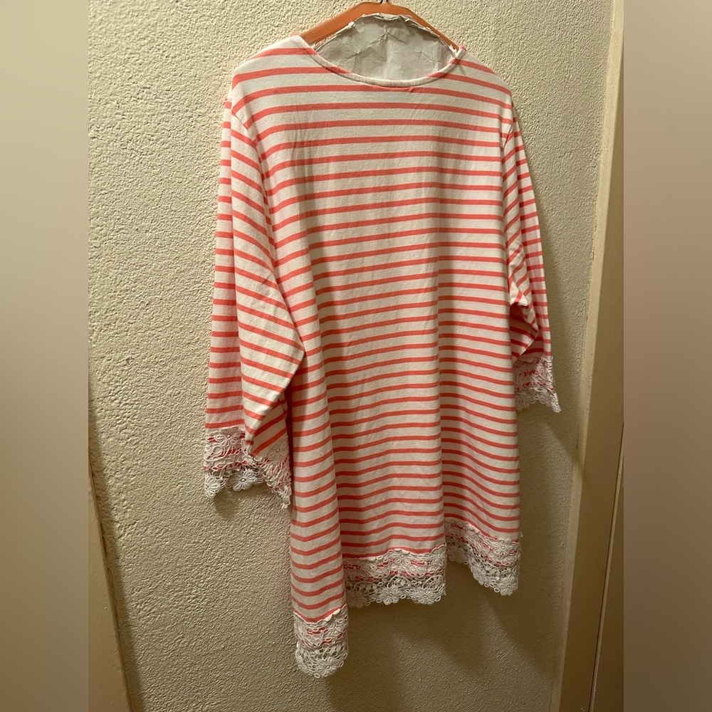 Denim & Co. Top Women’s Size 2X Striped Pink/ White 3/4 Sleeve With Lace Trim - Picture 3 of 7